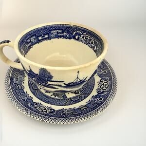 VTG Blue Willow Myott Cup & Saucer Set Churchill England Staffordshire Georgian